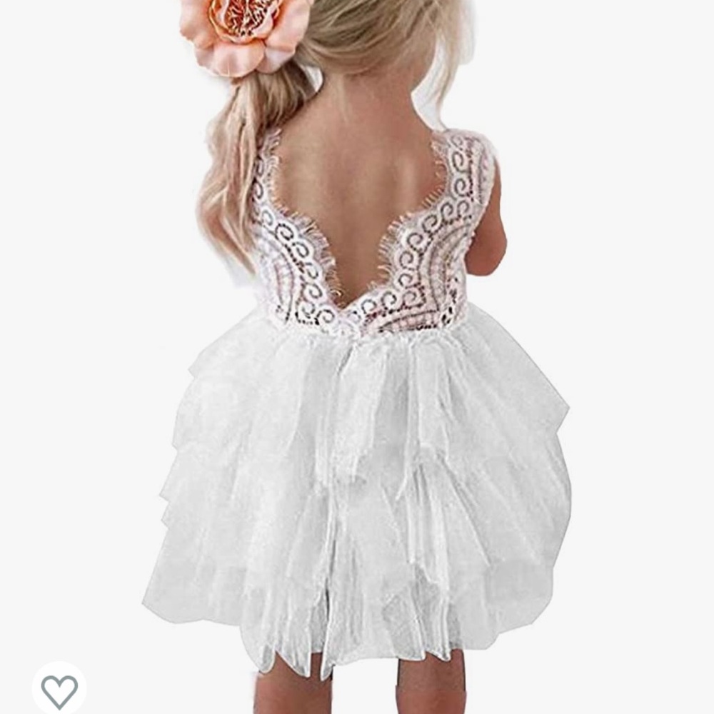 White flower girl dress with beaded front and decorative lace back